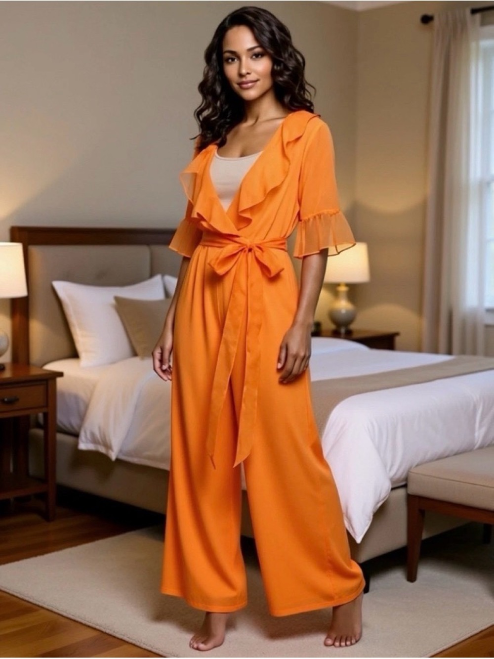 Vintage Women's LISETTE Orange Ruffle Wrap Jumpsuit Pantsuit Lingerie Pajamas S